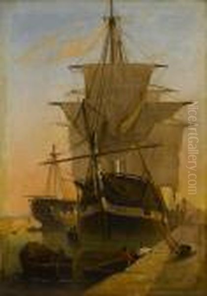 Vor Anker Liegende Segelschiffe Oil Painting by Richard Parkes Bonington