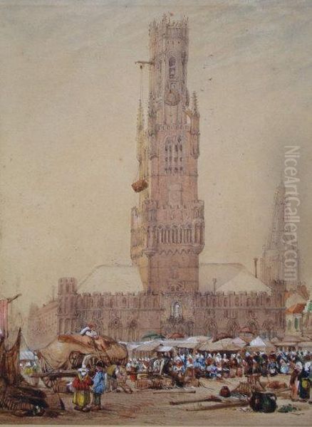 Figures In A Low Countries Market Place Before A Gothic Tower During Construction. Oil Painting by Richard Parkes Bonington