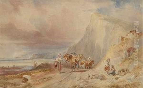 Figures On A Coastal Path Oil Painting by Richard Parkes Bonington