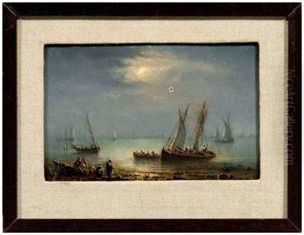 Coastal Scene With Fishing Vessels In Moonlight Oil Painting by Richard Parkes Bonington