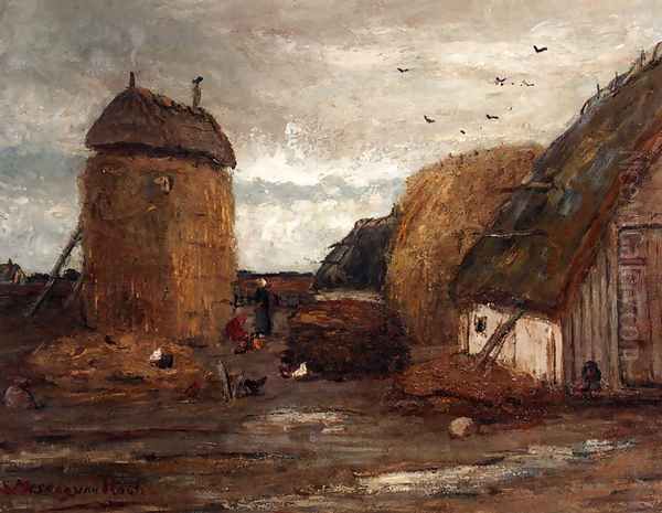 A Farmyard With Peasantwomen Feeding Chickens Oil Painting by Sientje Mesdag Van Houten