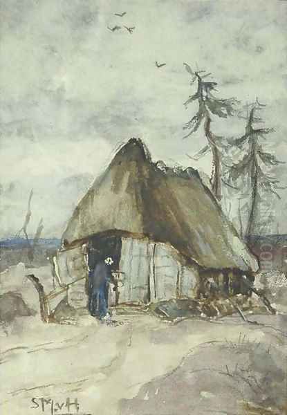 A peasantwoman by a shed on the heath Oil Painting by Sientje Mesdag Van Houten