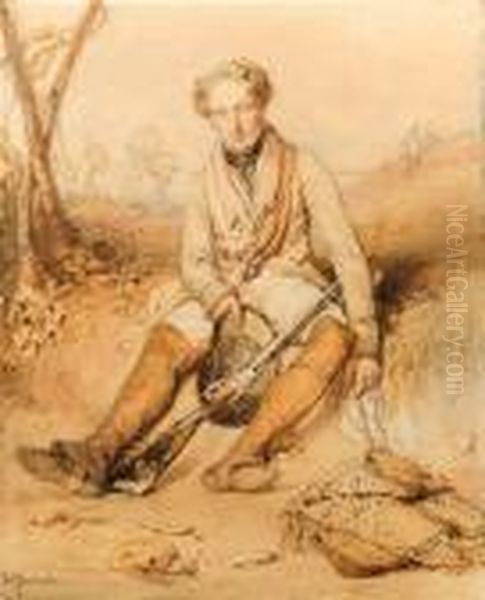 A Sportsman With His Rifle, Seated On A Bank Oil Painting by Richard Parkes Bonington