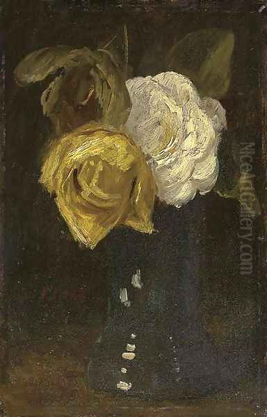 A white and yellow rose in a blue vase Oil Painting by Sientje Mesdag Van Houten