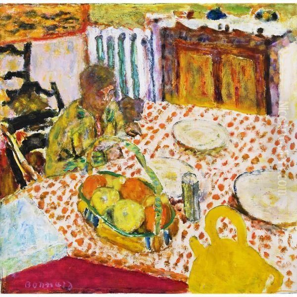 Marthe Et Son Chien Assise Devant Une Table Oil Painting by Pierre Bonnard