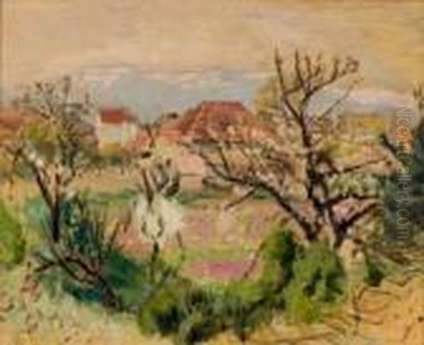 Arbres En Fleurs Dans Le Dauphine - Maison Au Toit Rouge Oil Painting by Pierre Bonnard