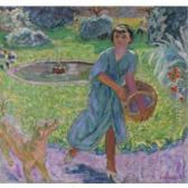 Jeune Fille Jouant Avec Un Chien (vivette Terrasse) Oil Painting by Pierre Bonnard