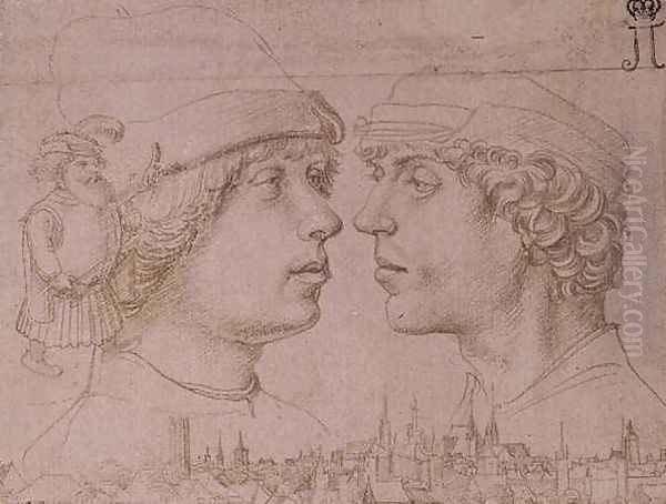 Portraits of Two Youths a Dwarf and a Townscape Oil Painting by Hans Holbein the Younger