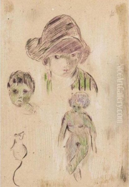 Tete De Femme Au Chapeau, Visage, Nu Et Souris Oil Painting by Pierre Bonnard