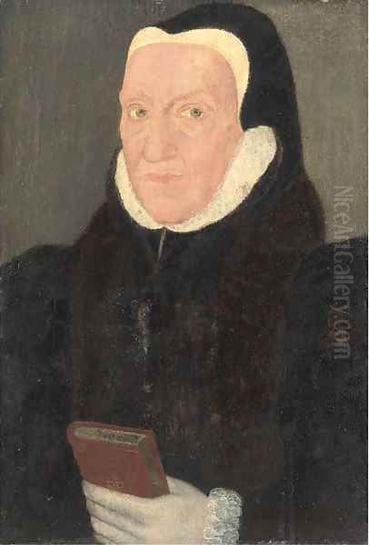 Portrait of a lady, quarter-length, in a black coat with a white ruff, holding a book Oil Painting by Hans Holbein the Younger