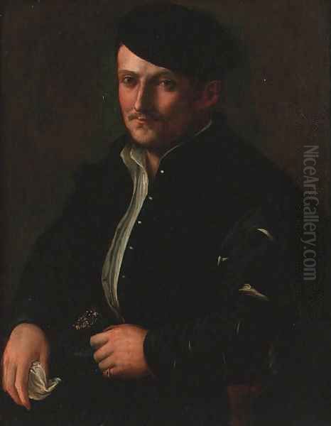 Portrait of a man, seated small-half-length, in a black coat and cap Oil Painting by Hans Holbein the Younger