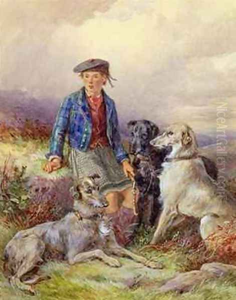 Scottish boy with wolfhounds in a Highland landscape Oil Painting by James Hardy Jnr