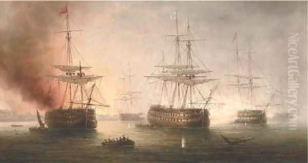 Naval engagement in a Mediterranean harbour Oil Painting by James Hardy Jnr