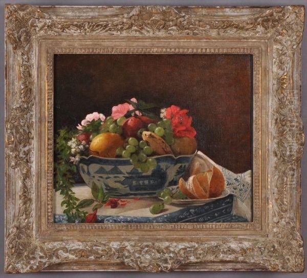 Still Life With Fruit And Flowers And Blue And White Table Decor Oil Painting by Francois Bonvin