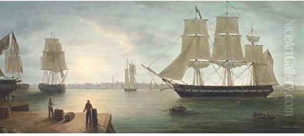 Merchant shipping in Boston Harbour at nightfall Oil Painting by James Hardy Jnr