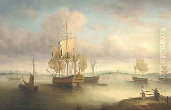 Ships at anchor in an estuary Oil Painting by James Hardy Jnr