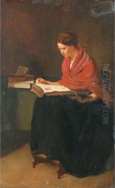 Femme Au Chale Rouge Lisant [ ; 
Woman With Red Shawl Reading ; Oil On Panel ; Signed Upper Right F 
Bonvin] Oil Painting by Francois Bonvin