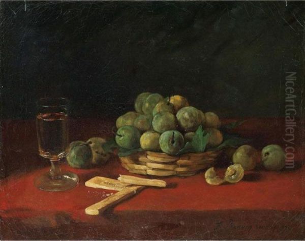 Panier De Prunes, Biscuits Et 
Verre [ ; Still Life With Greenages, Biscuits And Glass ; Oil On Canvas ;
 Unframed ; Signed And Dated Lower Right F Bonvin London 1871] Oil Painting by Francois Bonvin