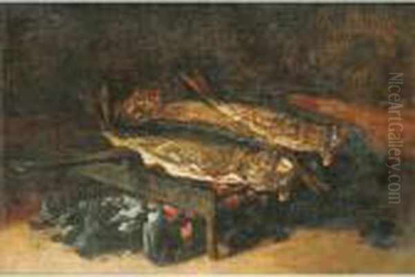 Nature Morte A La Grillade De 
Poissons [ ; Still Life With Grilled Fish ; Oil On Panel ; Signed, Dated
 Lower Right F Bonvin 1866] Oil Painting by Francois Bonvin