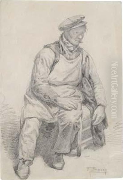 A Seated Workman Oil Painting by Francois Bonvin