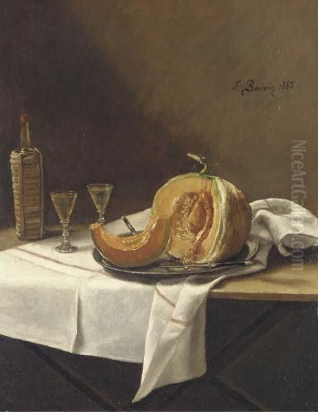 Nature Morte Avec Un Melon, Une Bouteille De Vin Et Un Verre Surune Table Oil Painting by Francois Bonvin