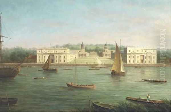 A view of Greenwich Naval College from across the Thames Oil Painting by James Hardy Jnr