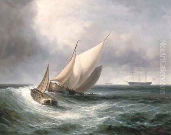 Dutch barges in choppy waters Oil Painting by James Hardy Jnr