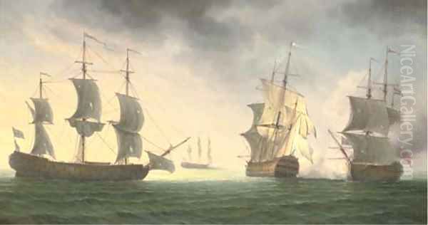 A naval battle Oil Painting by James Hardy Jnr