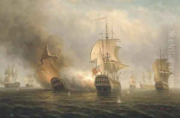 A naval engagement Oil Painting by James Hardy Jnr