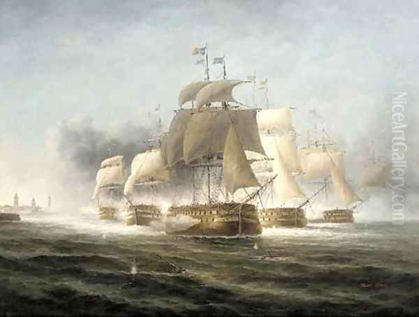 A Naval engagement off the Dutch coast Oil Painting by James Hardy Jnr