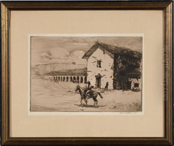 Cowboy In Front Of San Luis Obispo Mission Oil Painting by John Edward Borein