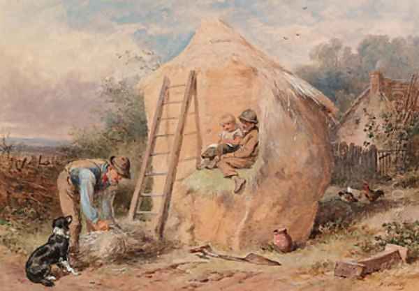 Children, sitting on a hayrick, watching a farmer Oil Painting by James Hardy Jnr