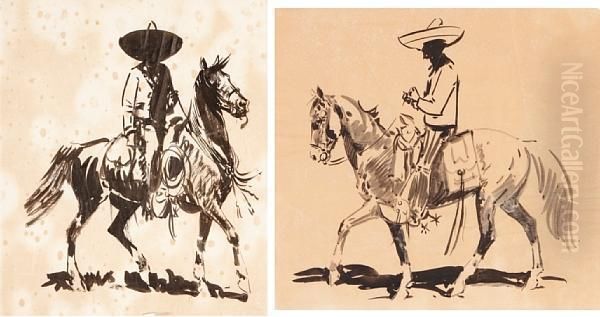 Studies Of Vaqueros On Horseback Oil Painting by John Edward Borein