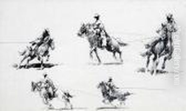 Five Mounted Riders Oil Painting by John Edward Borein