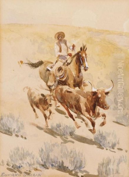 Cowboy Rounding Up A Longhorn And Calf Oil Painting by John Edward Borein