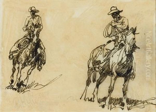 Two Cowboys On Horseback Oil Painting by John Edward Borein