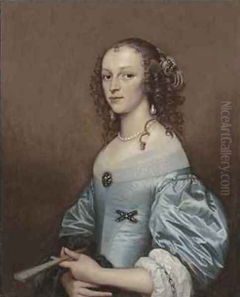 Portrait of a lady in a blue dress holding a fan Oil Painting by Adriaen Hanneman