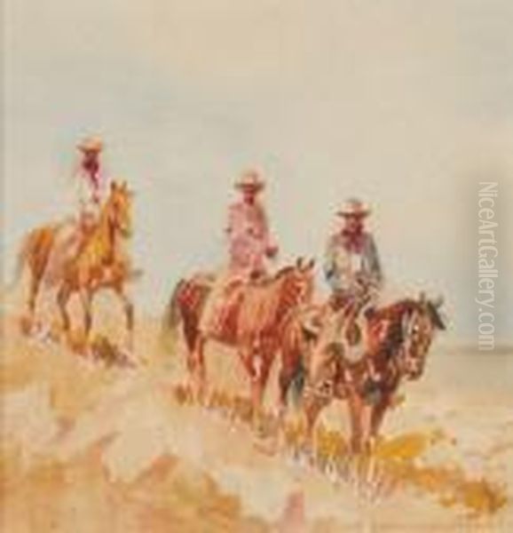 Three Cowboys On Horseback Oil Painting by John Edward Borein