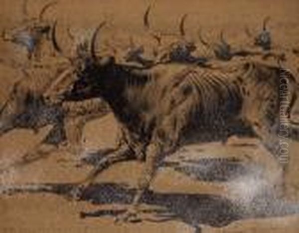 Stampeding Longhorns #2 Oil Painting by John Edward Borein