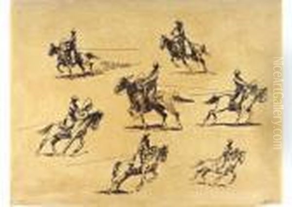 Seven Horse And Rider Studies Oil Painting by John Edward Borein