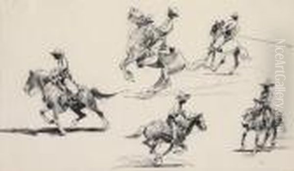 Four Riders, One Roper Oil Painting by John Edward Borein