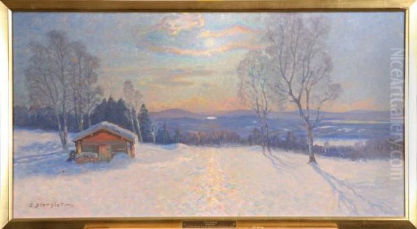 Vinterlandskap Med Timmerhus,, Signerad J E Stenstrom Oil Painting by John Edward Borein