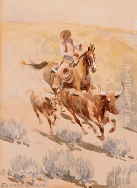 Cowboy Rounding Up A Longhorn And Calf Oil Painting by John Edward Borein