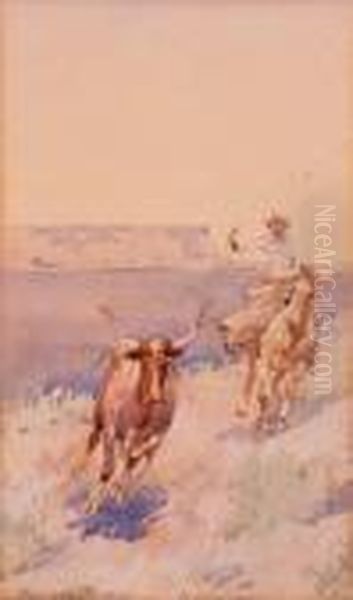 Cowboy Roping A Longhorn Oil Painting by John Edward Borein