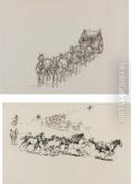 Round-up And Stagecoach: Two Drawings Oil Painting by John Edward Borein