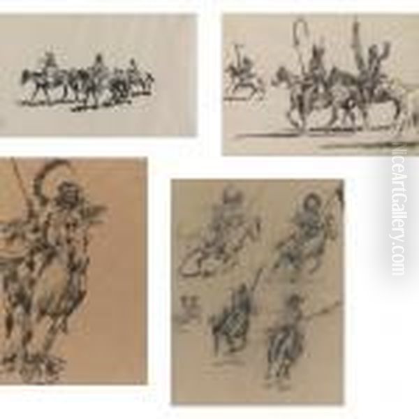 Studies Of Indian Riders And Horses: Four Drawings Oil Painting by John Edward Borein