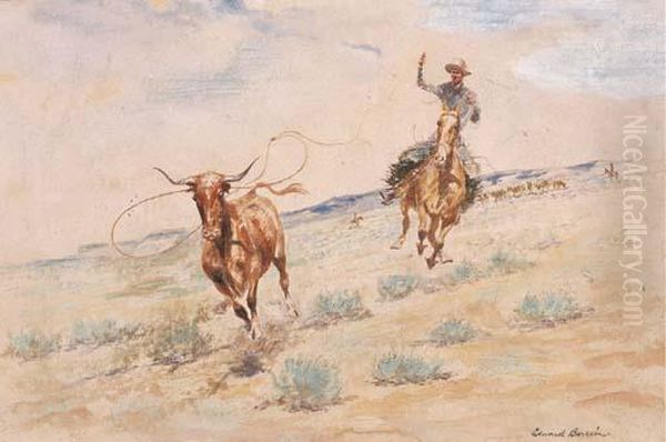 Roping The Cattle Oil Painting by John Edward Borein