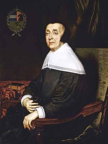 Portrait of a lady of the Sas family, aged seventy-three, seated, three-quarter-length, in a black dress and cap, at a draped table Oil Painting by Adriaen Hanneman