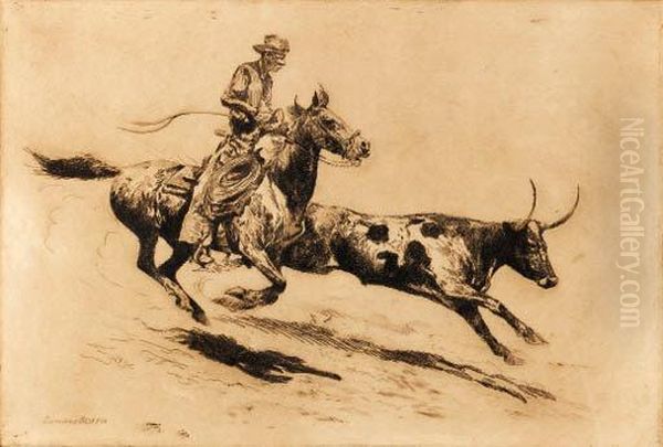 Cowboy Chasing A Longhorn Steer
Signed 'edward Borein' (lower Right) Oil Painting by John Edward Borein