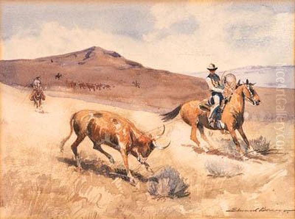 Roping A Steer Oil Painting by John Edward Borein